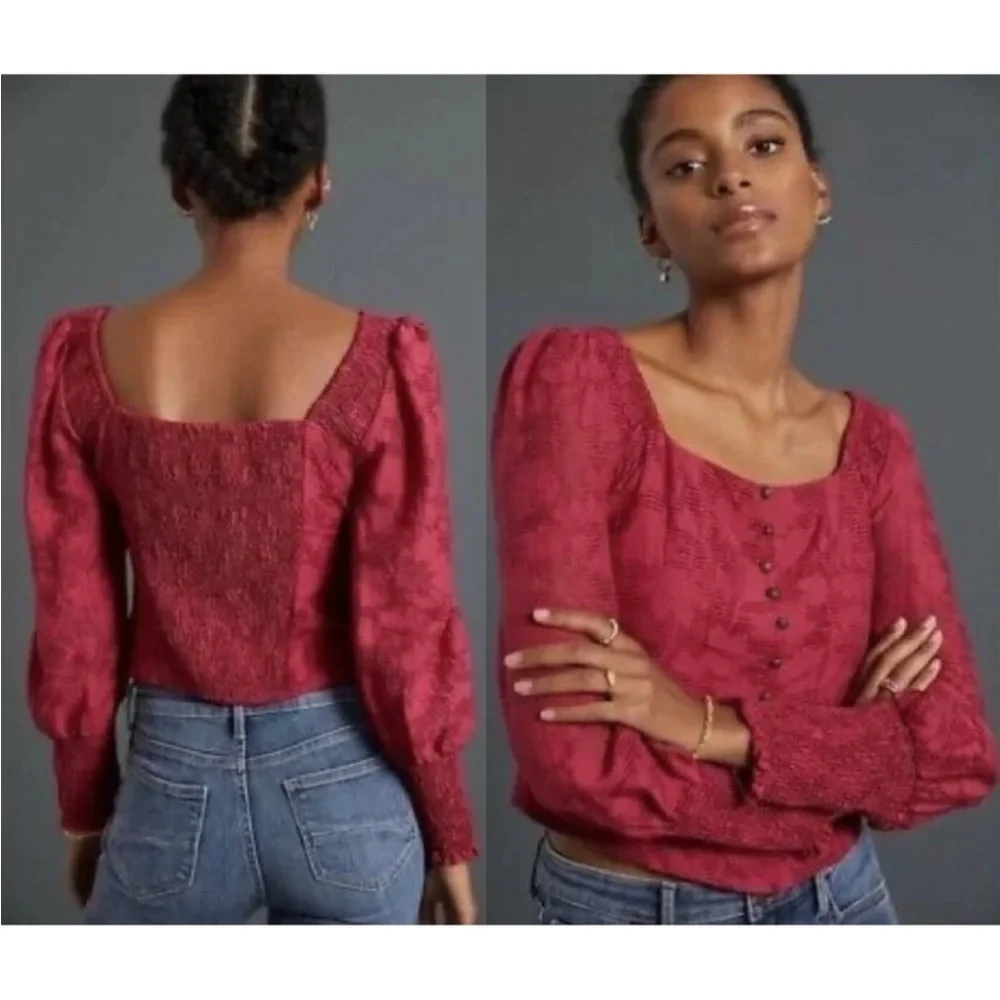 Anthropologie Pink Floral Ruffle Blouse Smocked Puff Sleeve Sz XS Cottagecore